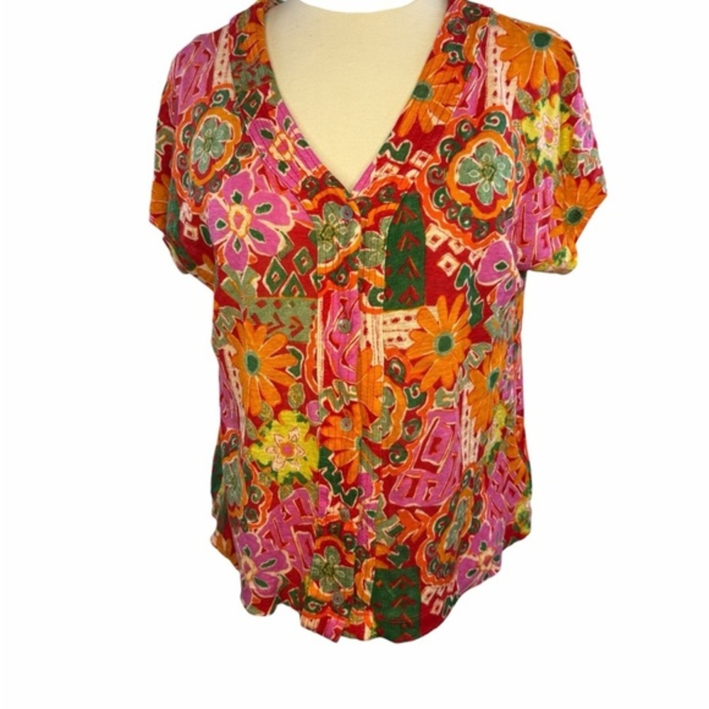 Nicole Miller Linen Top Short Sleeve Medium Floral V-Neck Pink Orange